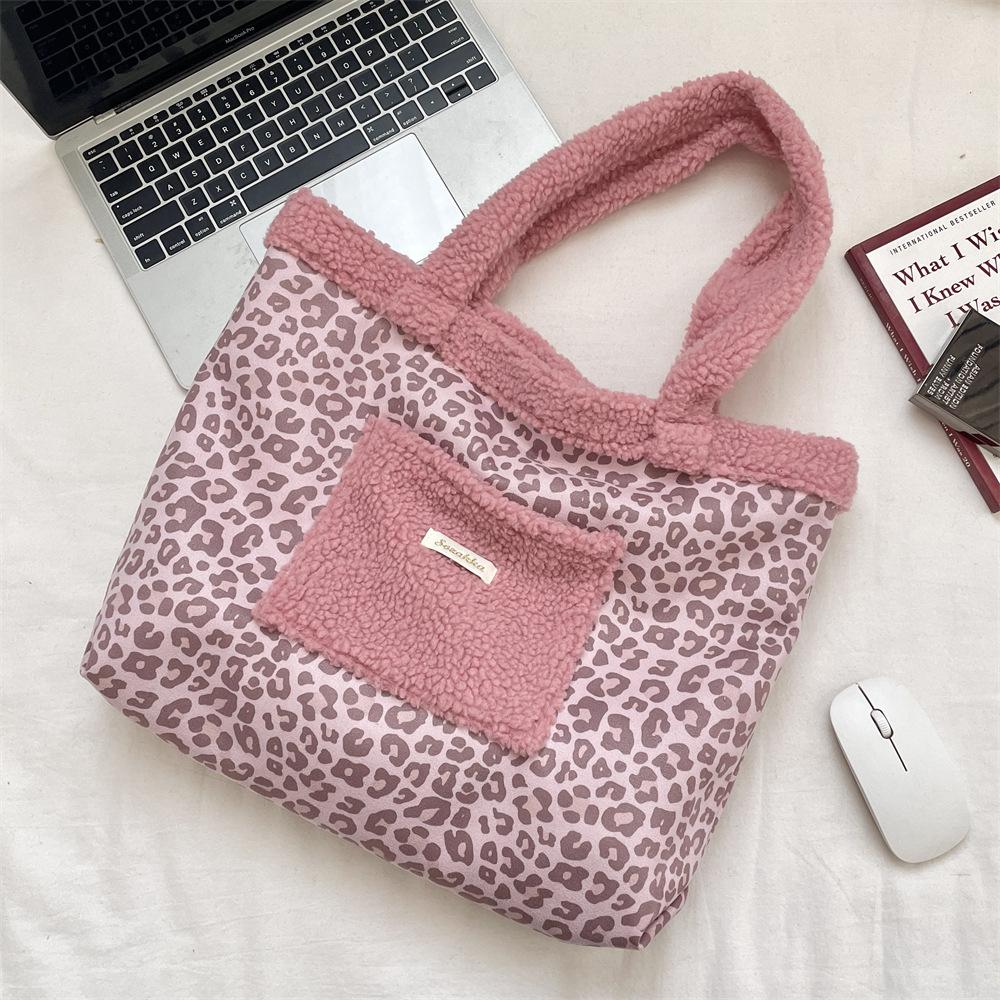 

Vintage Leopard Print Plush Stitching Women s Shoulder Bags Large Capacity Female Tote Bag Casual Versatile Ladies Handbag рожевий