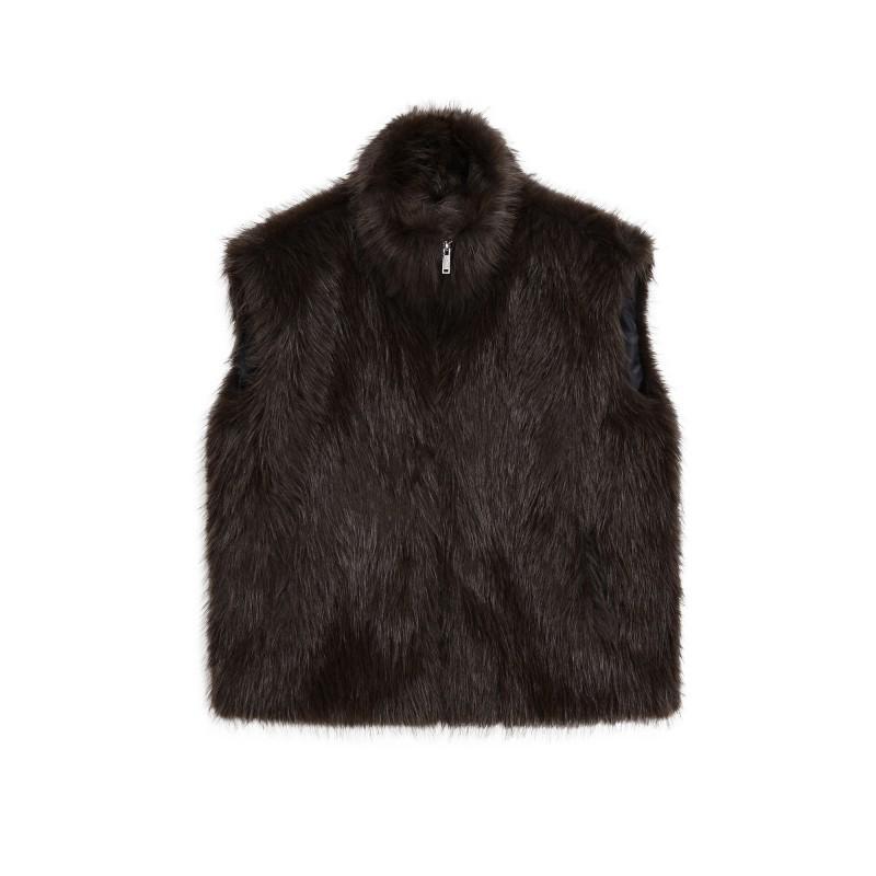 Womens Faux Fur Vest Street Style Sleeveless Stand Collar Outerwear Brown XS-L