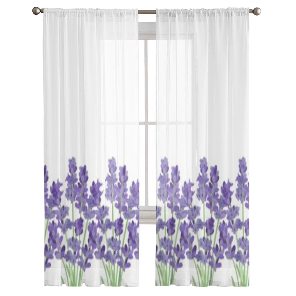 Tende trasparenti in chiffon di lusso con fiori di lavanda per soggiorno, camera da letto, decorazione per finestre, tenda in tulle