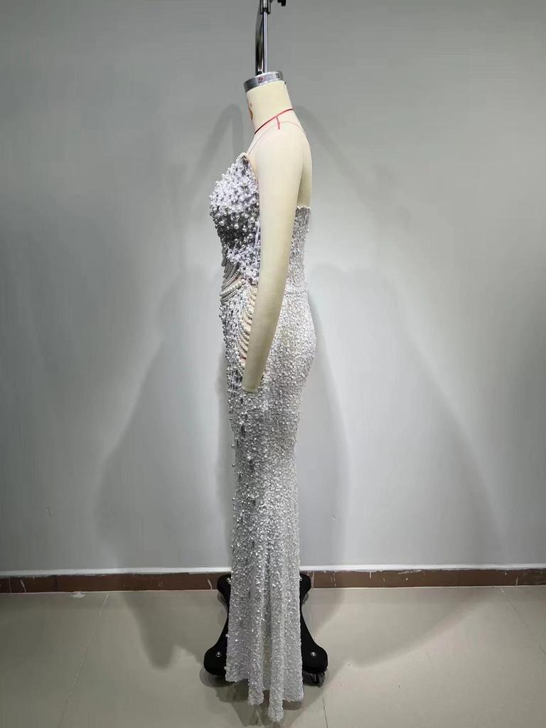 Trägerloses Abendkleid mit tiefem V-Ausschnitt, Netzstoff, hoher Taille, Perlen-Serie - Schwarz & Weiß