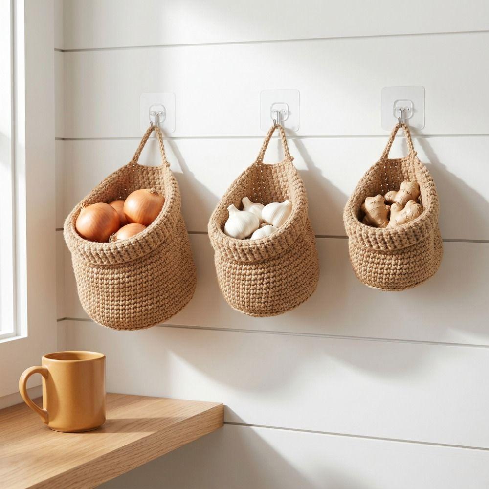 Hand-Woven Wall Hanging Basket Decorative Soft Vegetable Fruit Storage Baskets Space Saving Egg Fruit Storage Container