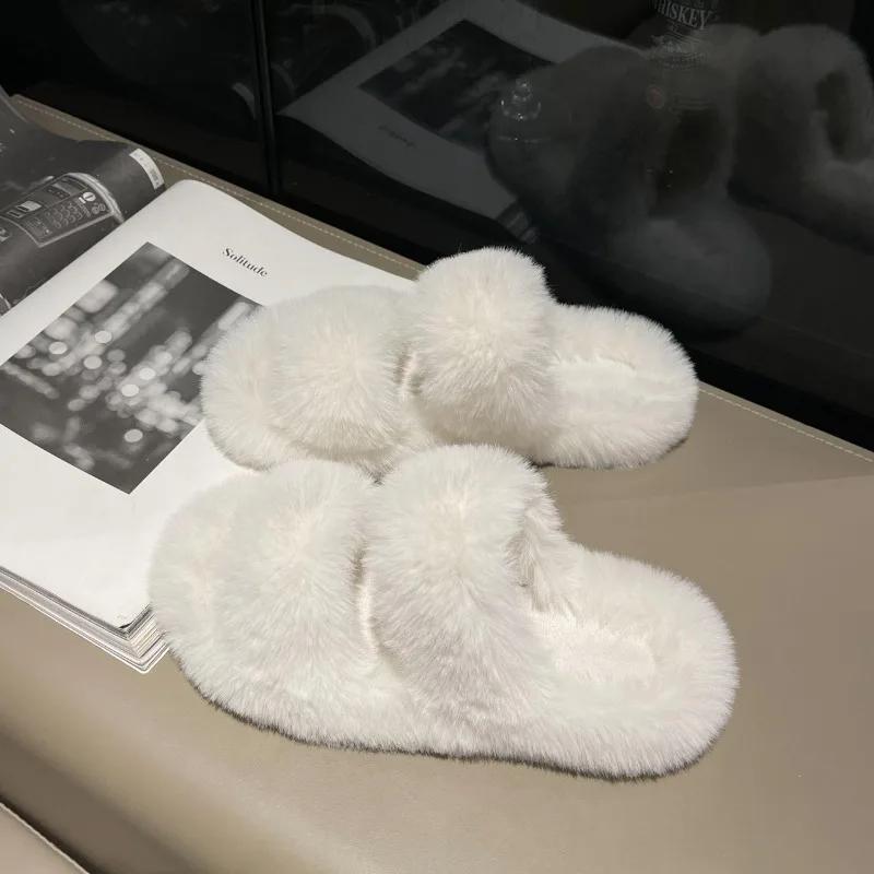 Fashion Winter Fluffy Slippers Women 2025 New House Home Fur Slippers For Women Flat Platform Cozy Fuzzy Indoor Shoes Slides