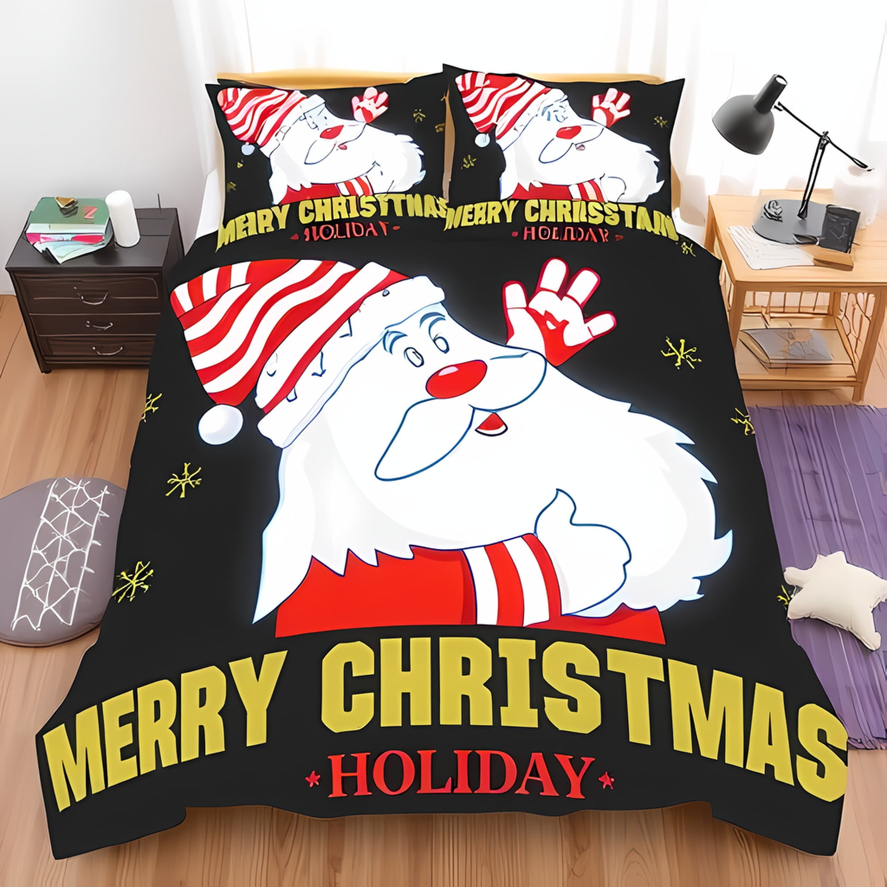 

Teal Christmas Soft Duvet Cover Set featuring Joly Santa Claus Whimsical Tres Snowflakes Festive Beding for Children Kids plus Adult Peoples 135*200cm Eu-Single