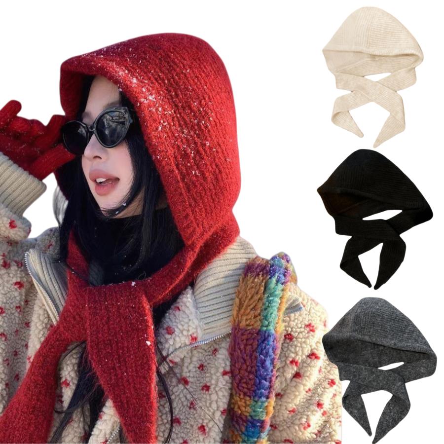 Womens Fall Winter Balaclava Cap Shawl Scarf Integrated Hood Wind Resistant Cozy Ear Neck Protector Knitted Beanie