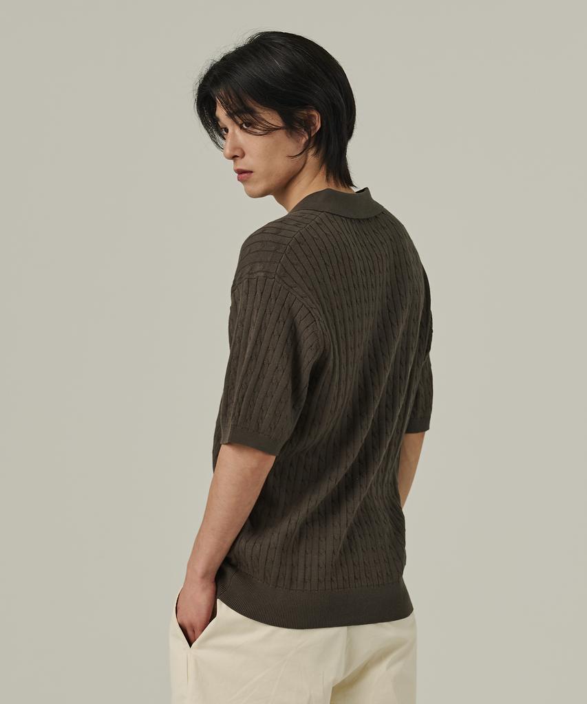 ANALOG MOOD Cable Open Collar Short Sleeve Knit (Khaki)