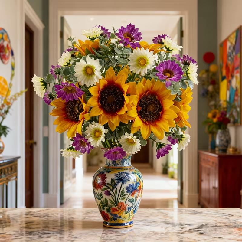 Artificial Sunflower Bouquet for Wedding Bridal Holding Flowers Fake Silk Sunflower with White Small Daisy Flower for Bride Bridesmaid Wedding Party