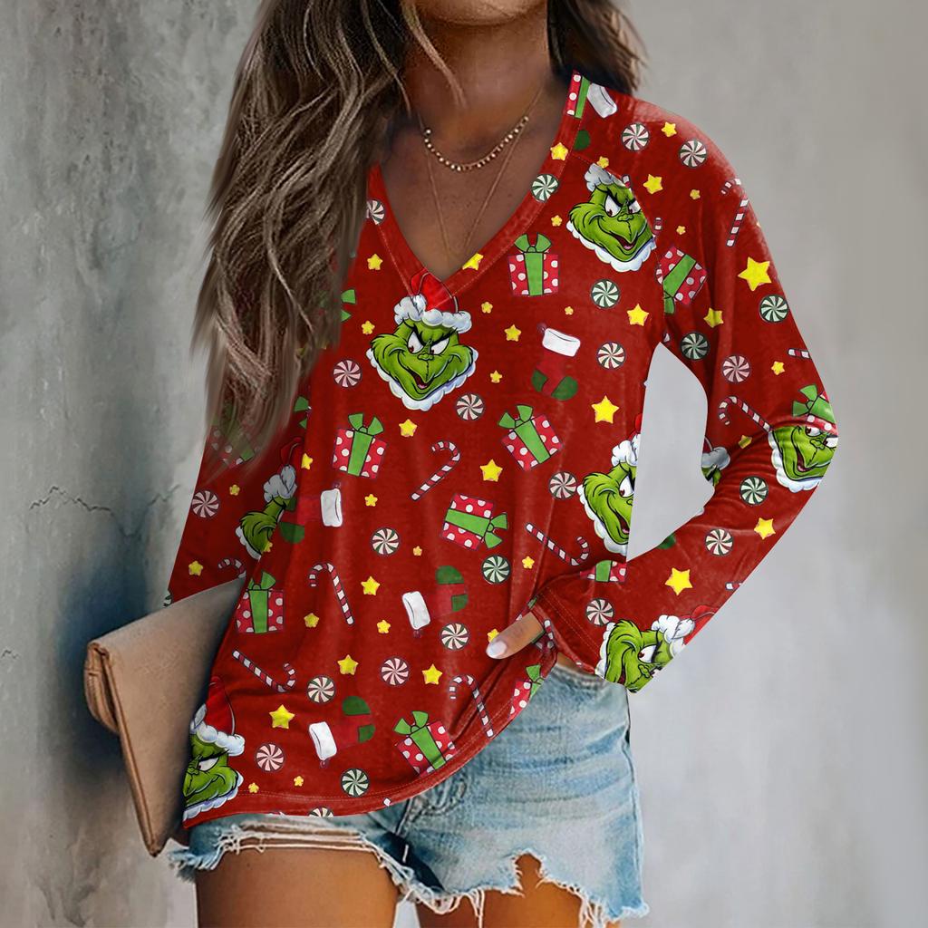 Women's Fashion Loose Raglan Sleeve T-Shirt With Christmas Print Casual Top