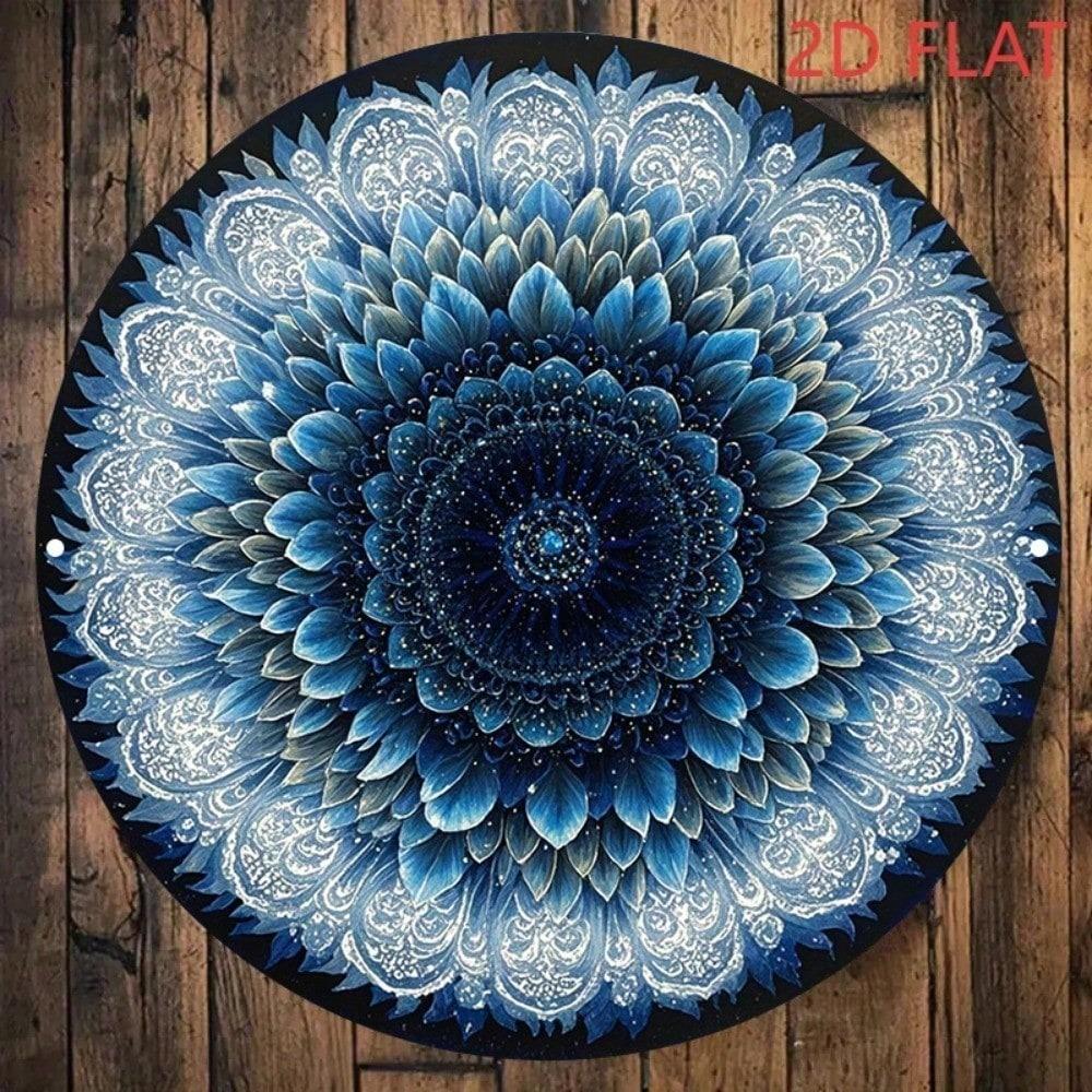 Vintage Retro Blue Sunflower Metal Wall Art 8x8 Inch Round Aluminum Geometric Floral Home Decor