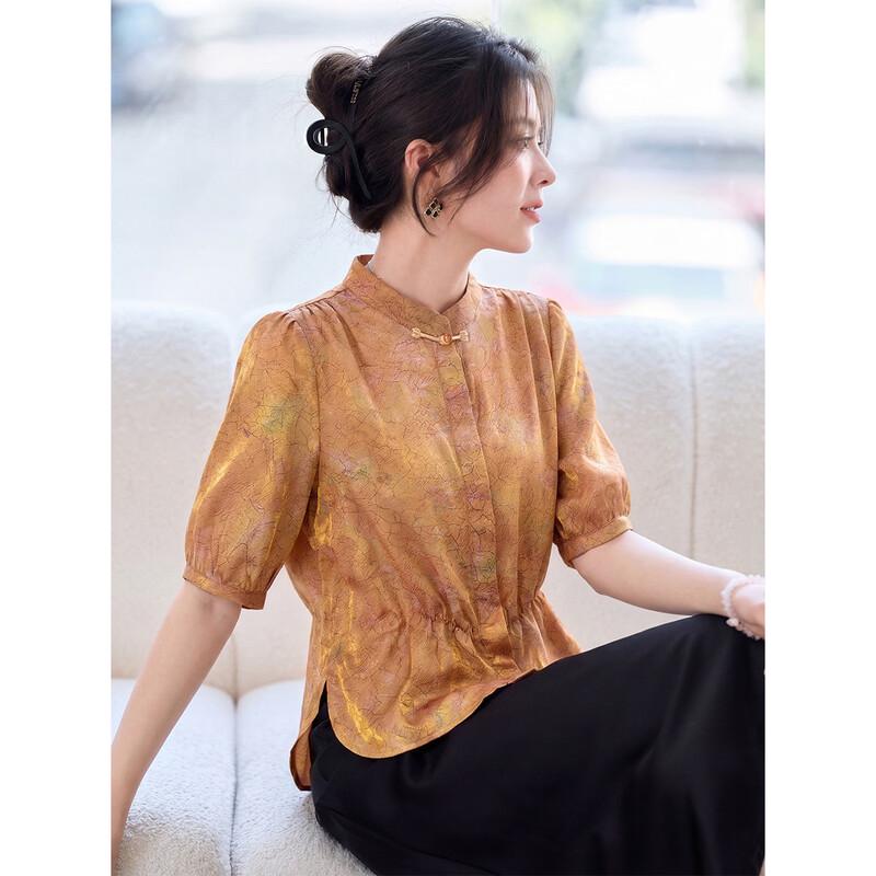 Oudeifu Elegant Chinese Style Floral Print Short-Sleeve Shirt L