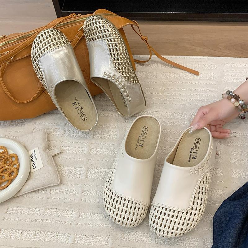 Thick bottom inner height increase one pedal woven hollow breathable cool slippers women's summer wear 2025 new bag head half slippers