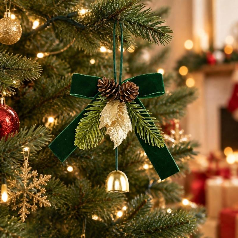 Christmas Tree Decoration Set of 4 Bowknot Bells Ornament with Pinecones, Foliage, Gilded Leaves, and Hanging Cord