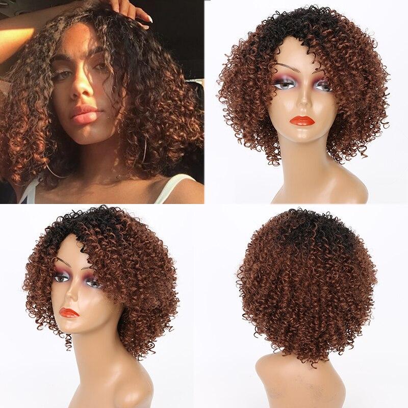 XINRAN Kıvırcık Doğal Siyah Gri Ombre Saç Isıya Dayanıklı Sentetik Peruk Kadınlar İçin Patlamalı Karışık Kahverengi ve Sarı Peruk