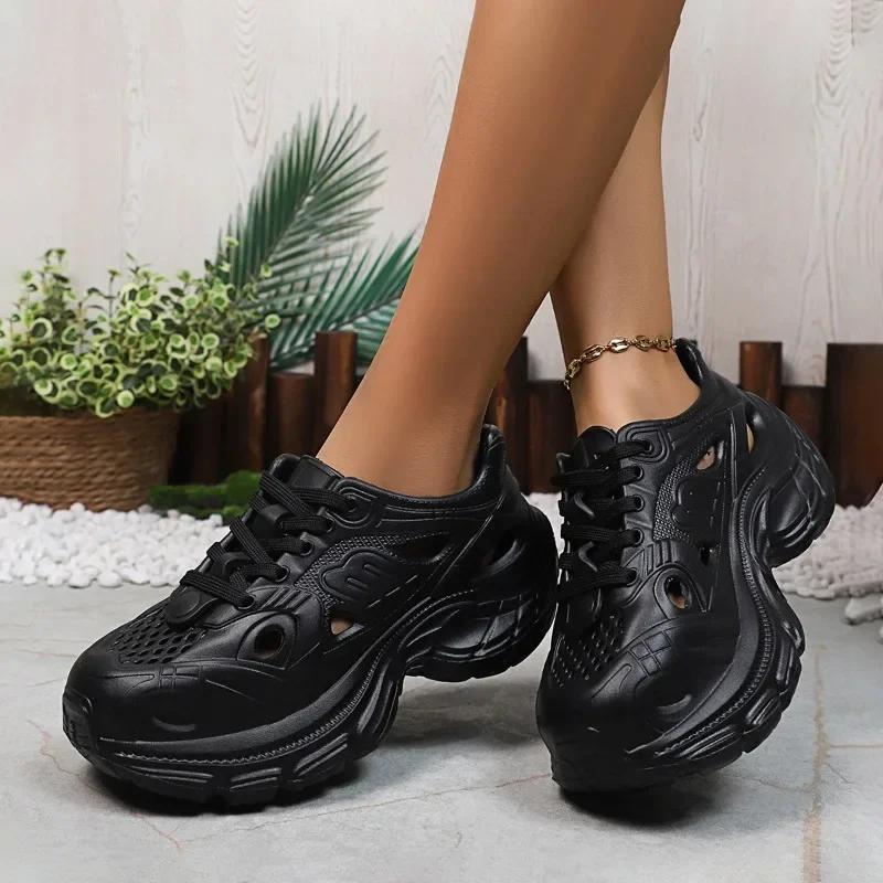 Fashion Women's Platform Vulcanized Shoes 2025 Summer Round Toe Hollow Lace-Up Sport Sandals for Daily Outdoor Ladies Casual Sneakers
