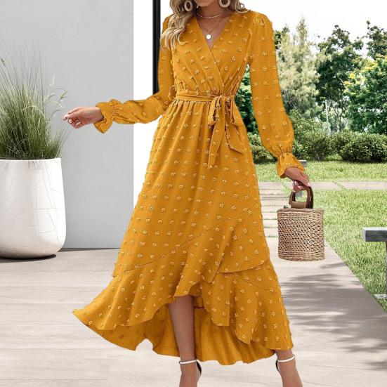 Long Sleeve Maxi Dress for Women V Neck Dot Design Boho Wrap Dress Casual Flowy Slit Wedding Guest Dress for Cocktail Party