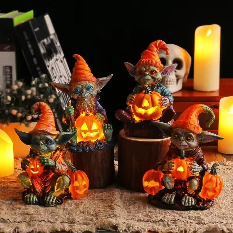 Halloween Decoration Hug Pumpkin Lantern Elf Resin Craft Decoration Home Desktop Glowing Dwarf Dwarf Doll Desktop Ornament