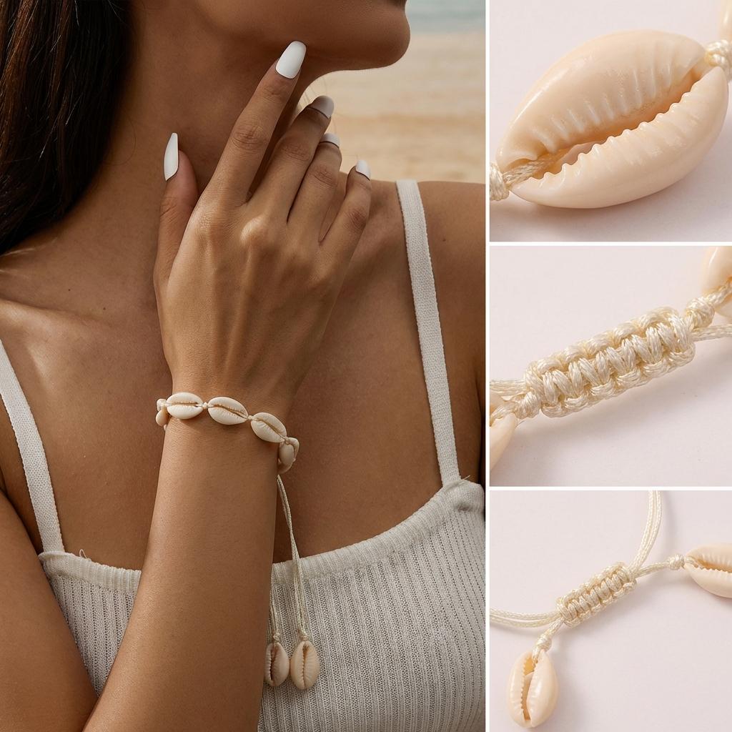 Bohemia Imitation Cowrie Shell Bracelet for Women Handmade Adjustable White Woven Rope Anklet Summer Beach Vacation Jewelry Gift