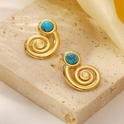Orecchini a spirale in acciaio inossidabile con pietra naturale intarsiata con pietra naturale, retrò francese, di lusso, gioielli da donna