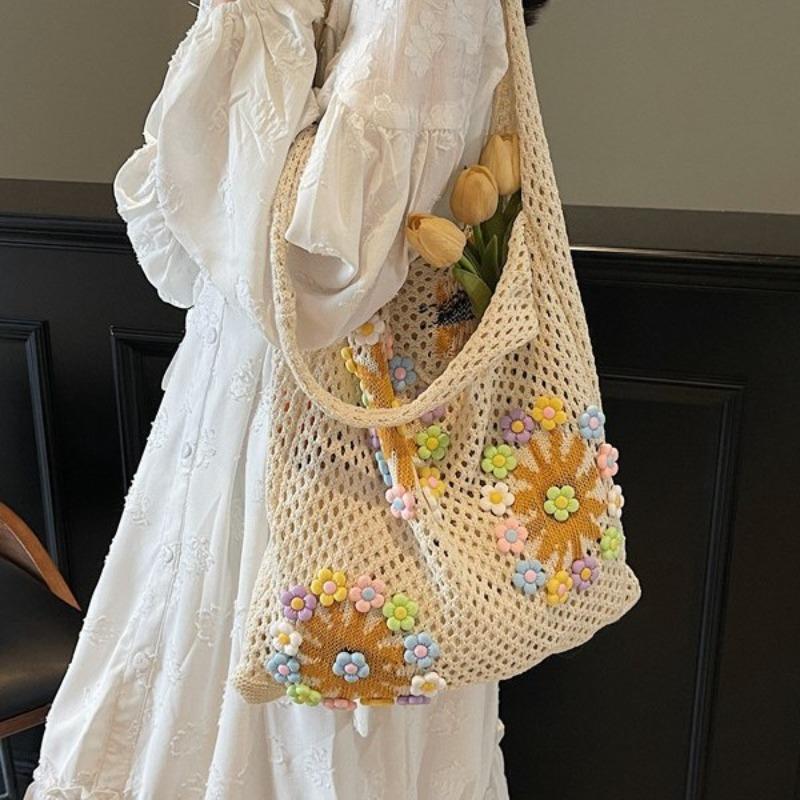 Women's Knitted Hollow Flower Woven Bag Women's New Flower Shoulder Seaside Beach Handbag