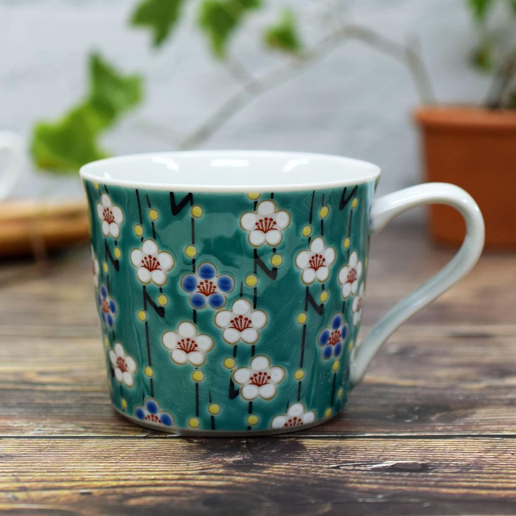 Waza no Kura Kutani Ware Mug, Plum Blossom Design, High-Quality Pottery, Made in Japan, Perfect as a Gift for 77th Birthdays