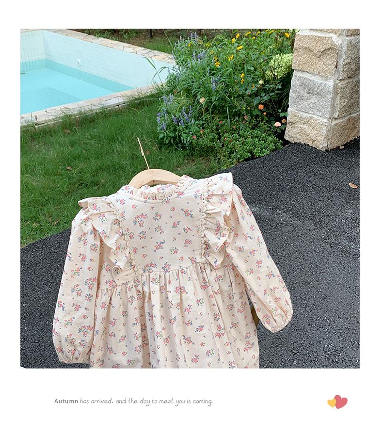 Spring 2026 Korean Style Children's Floral Dress with Stand Collar and Ruffle Lace - Long Sleeve Princess Skirt