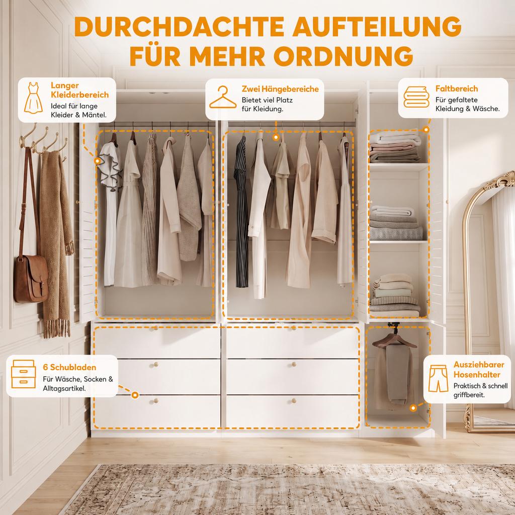 Kleiderschrank mit 5 Türen, elegante Lamellentüren, weiß, 225 x 50 x 200 cm, mit 3 Kleiderstangen, mit 6 Schubladen, geeignet für Schlafzimmer, Kinderzimmer