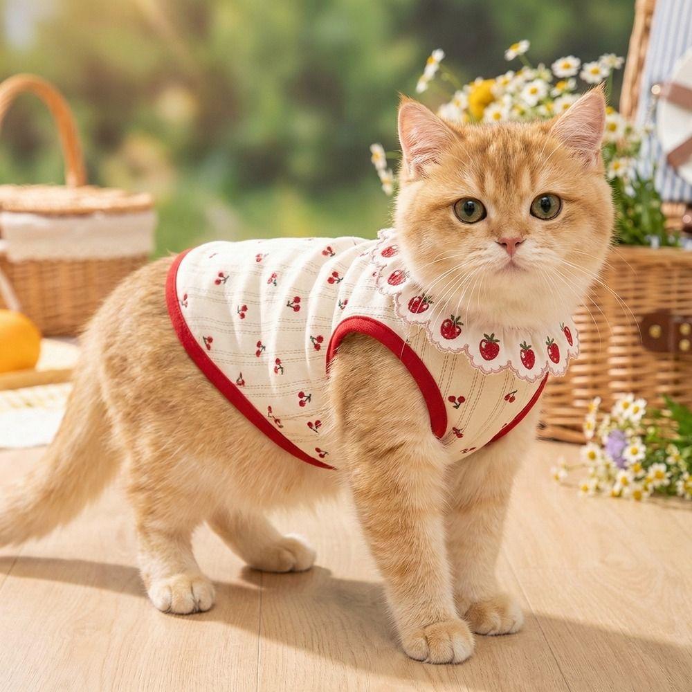 Breathable Cat Strawberry Vest Ruffled Collar Pet T-shirt Cute Cat Lace Vest Indoor Wear