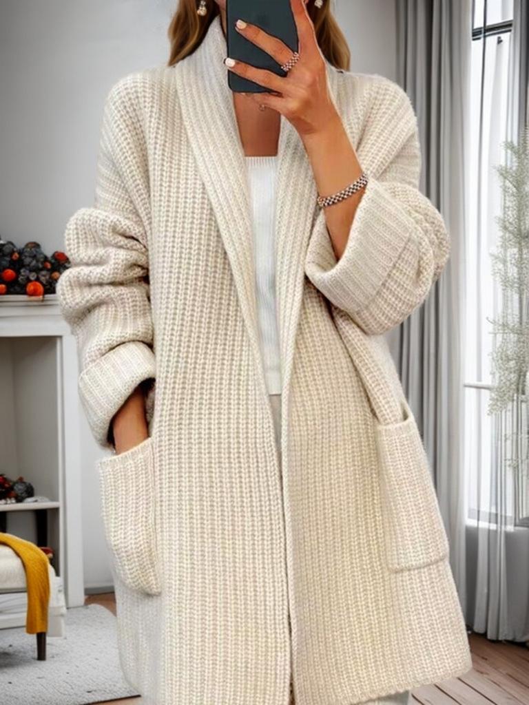 Women's Autumn Winter New Thick Solid Color V-Neck Knit Cardigan Loose Pocket Sweater Coat for Women