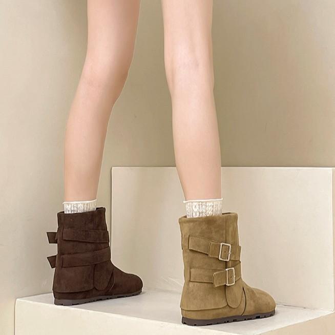 Retro European and American style double buckle with buckle western short boots women's autumn and winter fashion suede versatile short boots fashion