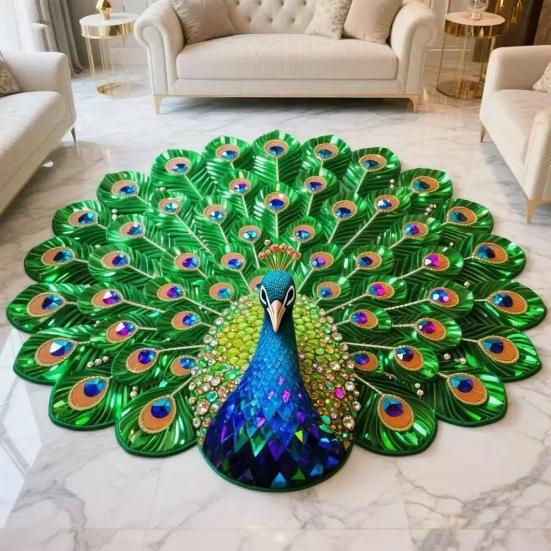 3D Peacock Pattern Plush Rug Non-Slip Backing Easy To Clean Various Sizes Living Room Rug Home Decor