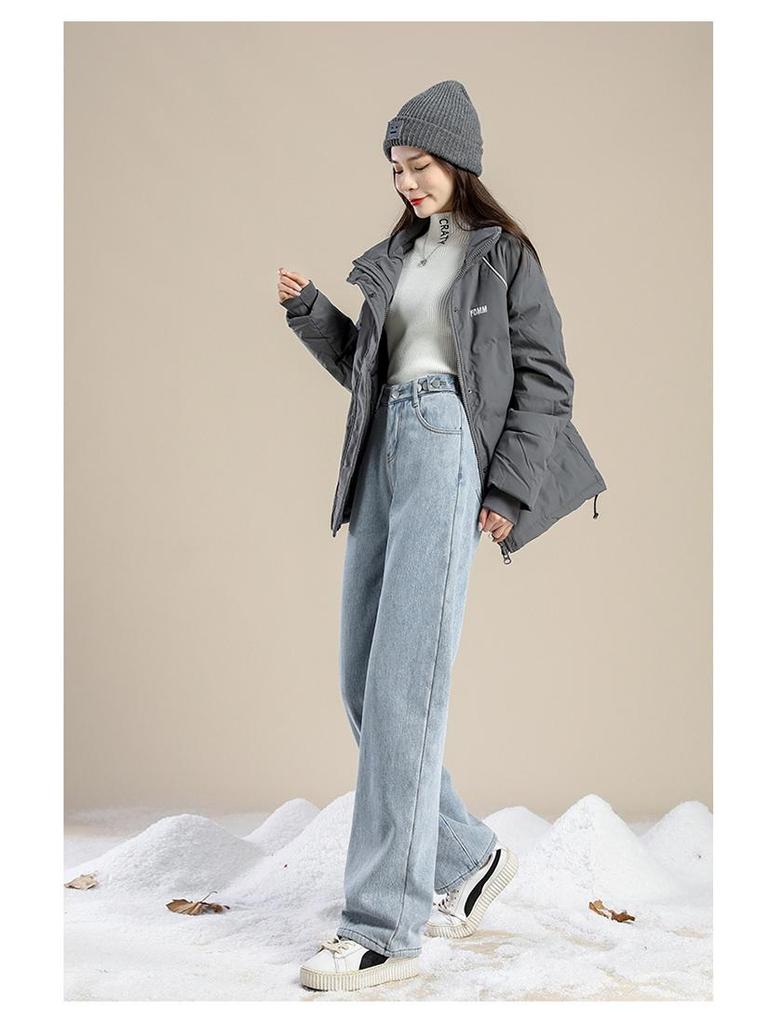 Women's High-Waisted Fleece-Lined Jeans: Thick, Light-Colored, Straight-Leg, Slimming Wide-Leg, Dark Blue for Autumn/Winter 2025.