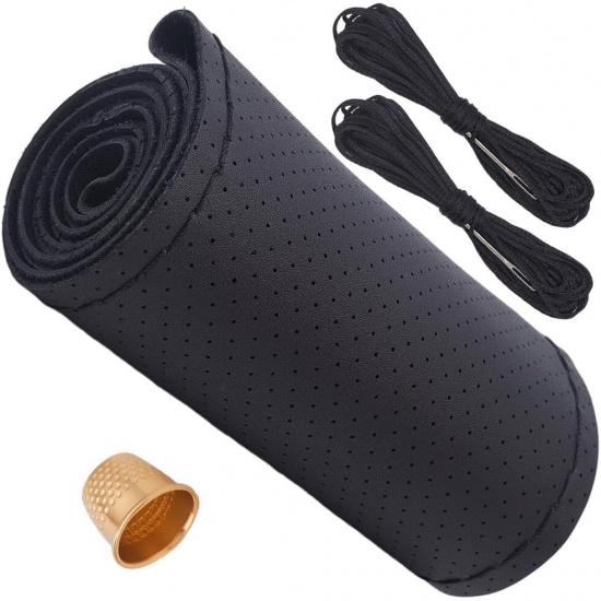 Black Cowhide Steering Wheel Cover Breathable Genuine Leather Stitch On Sewing Wrap Universal Non-Slip Car Steering Wheel DIY Protector with Needle