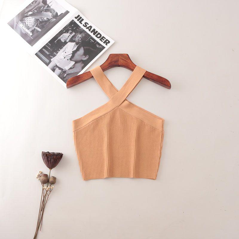 American Fashion Brand Cross Hanging Neck Cami Summer Rib Solid Sexy Short Knitted Top Women
