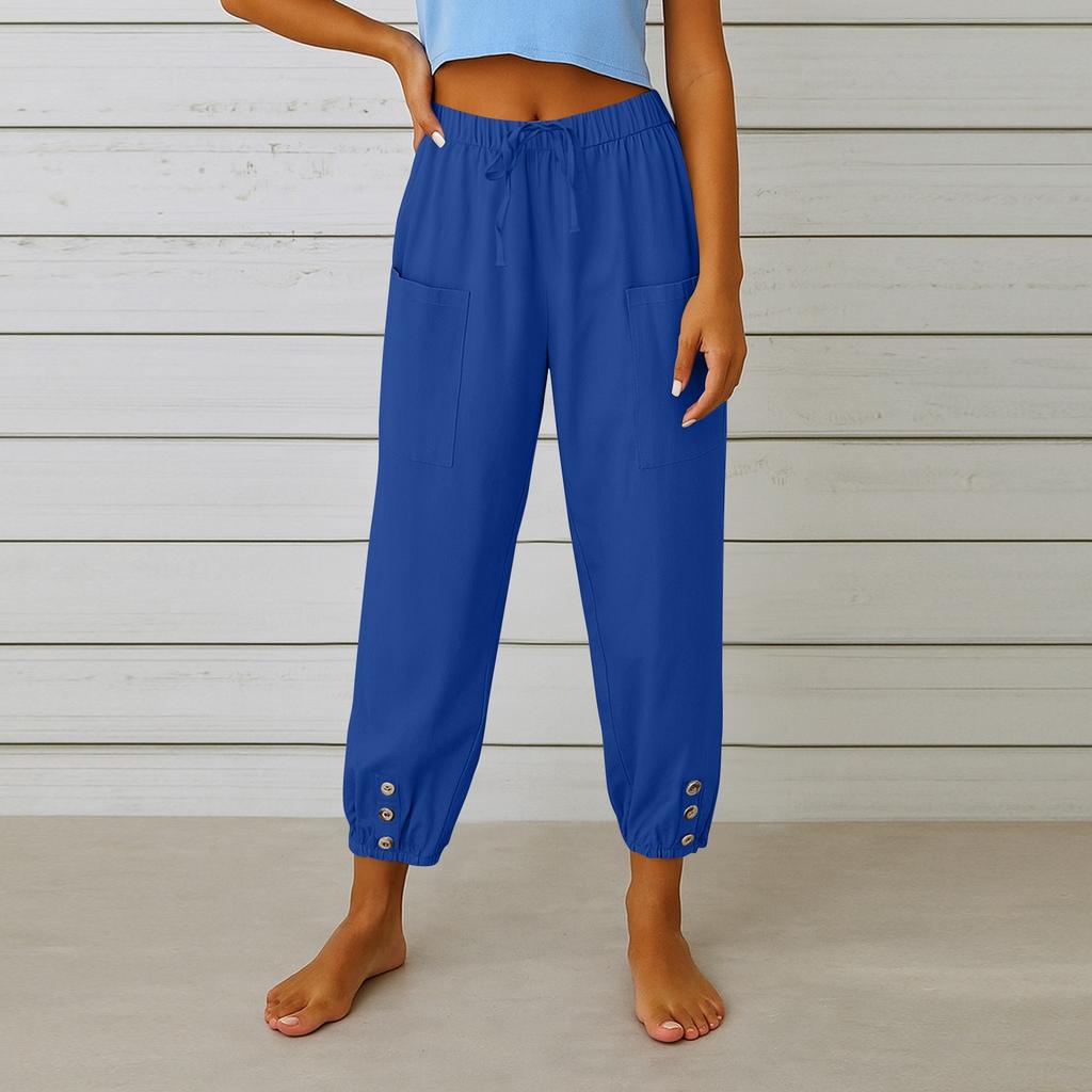 Women's Fashion Solid Color Hemp Cotton Pocket Leg Tight Waist Casual Pants