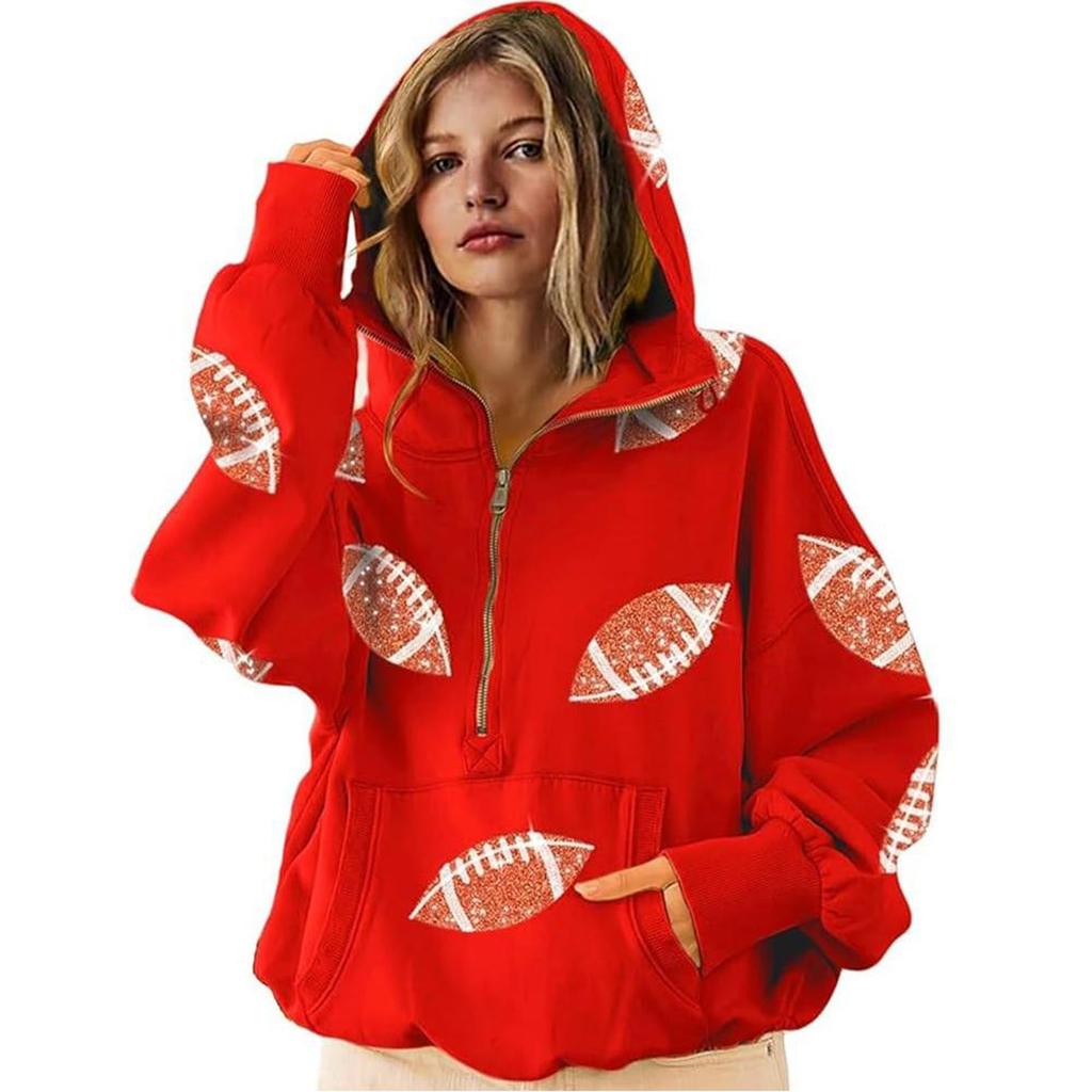 Women's Sports Shirt With Soccer Sequins And Pockets Long Sleeved Half Zip Hooded Top