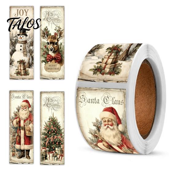 Festive Packaging Seals Christmas Coated Paper Sealing Sticker, Retro Hand-drawn Santa Claus Snowman Elk Holiday Party Table Decor Design, Decorative