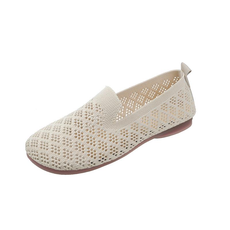 Spring New Solid Color Pointed Flat Bottom Flat Heel Soft Sole Single Shoes Casual Breathable Women's Shoes Hollow Knitted Shoes