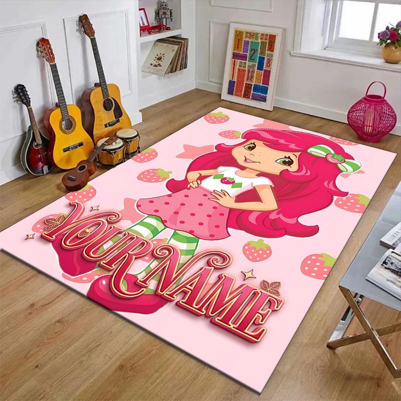 Princess Strawberry Design Area Rug Personalized Name- Non-Slip, Soft & Cozy Floor Mat for Living Room, Office - Indoor/Outdoor Carpet
