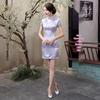 Vestido Cheongsam Retro Brocado Dragão Fênix com Gola Alta e Botões Rã para Mulheres