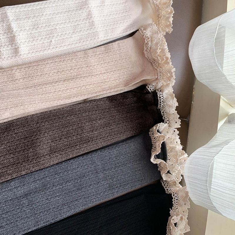 Women Winter Fall Vertical Striped Ribbed Knit Long Socks Japanese JK Sweet Frilly Ruffle Lace Trim Knee High Stockings