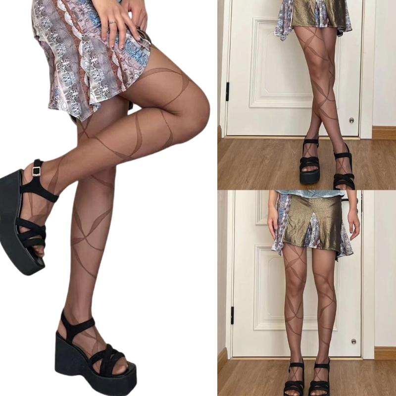 Womens Sweet Ribbon Streamer Patterned Sheer Silk Tights Stockings Aesthetic Vintage Ultra Thin Jacquard Dance Pantyhose