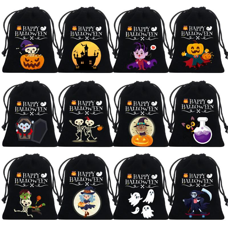 8/12Pcs 2025 New Halloween Gift Bags Children'S Trick-Or-Treat Candy Bags Pumpkin Bags Flannel Drawstring Candy Bags 10X12Cm