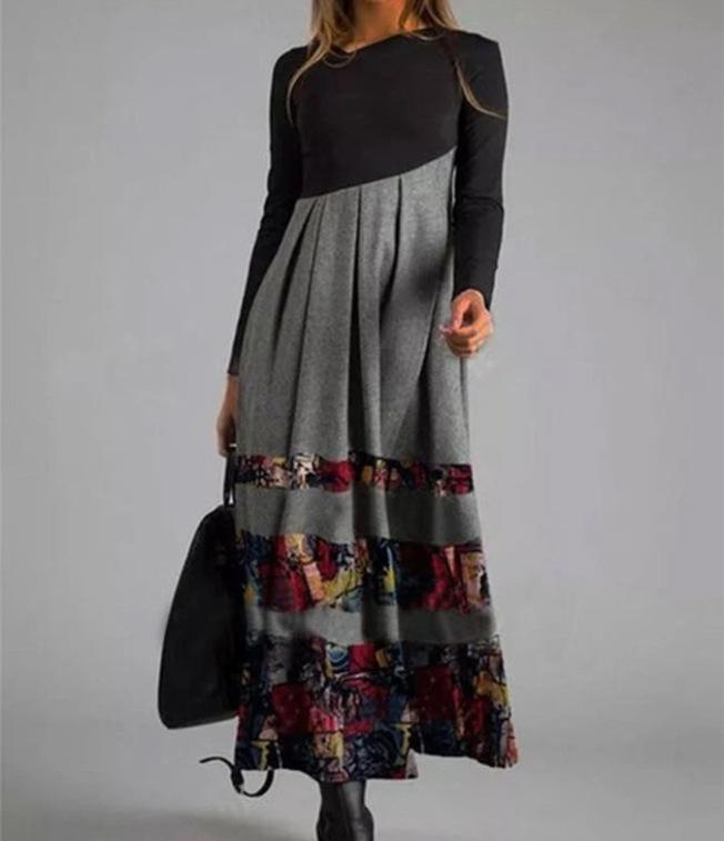 Women Color Block Floral Print Long Sleeve Maxi Dress Casual Loose A Line Long Dress S-XXXL