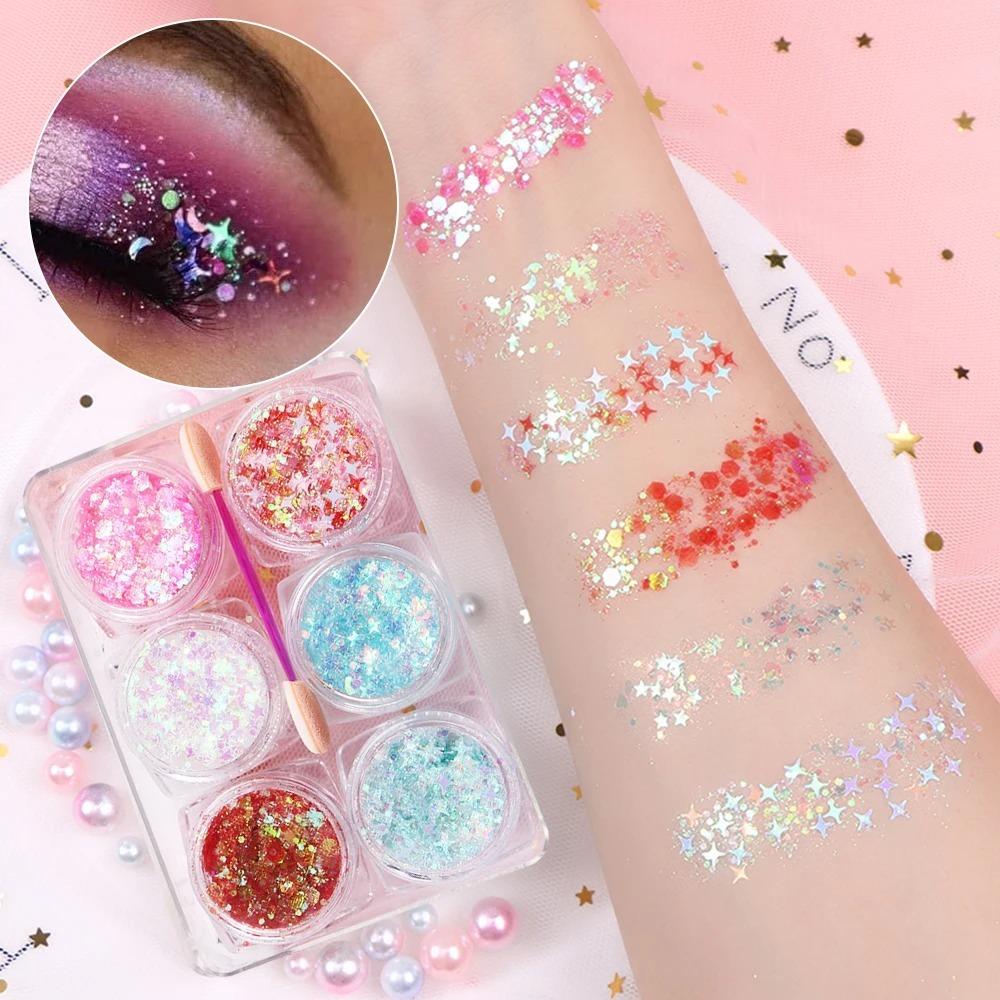 6Pcs/Set Sparkly Colorful Body Nail Glitter Gel Eyeshadow Sequin  Face Body Decorations