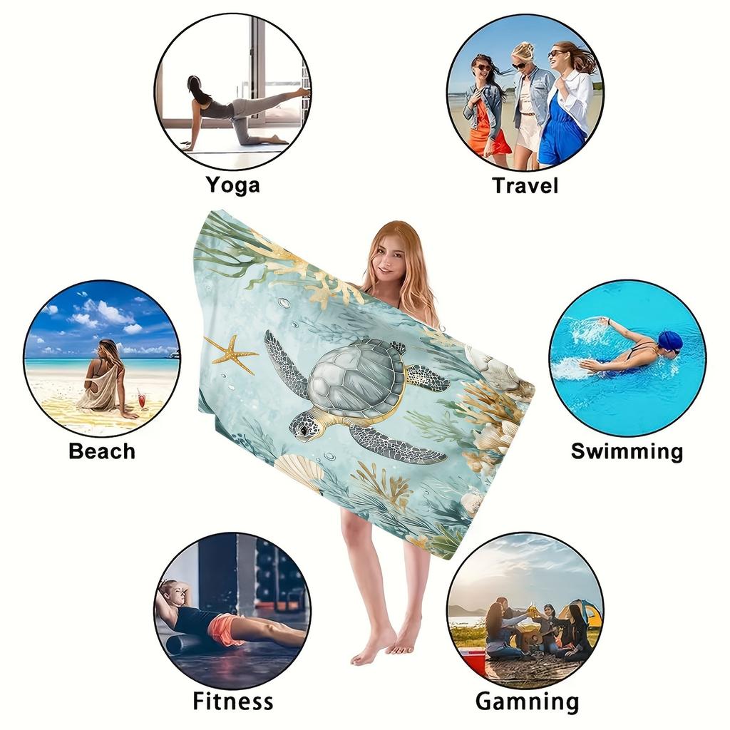 Vintage Sea Turtle Microfiber Beach Towel Extra Large Soft Comfortable Knit Fabric Towel with Fantasy Marine Pattern Quick-Dry