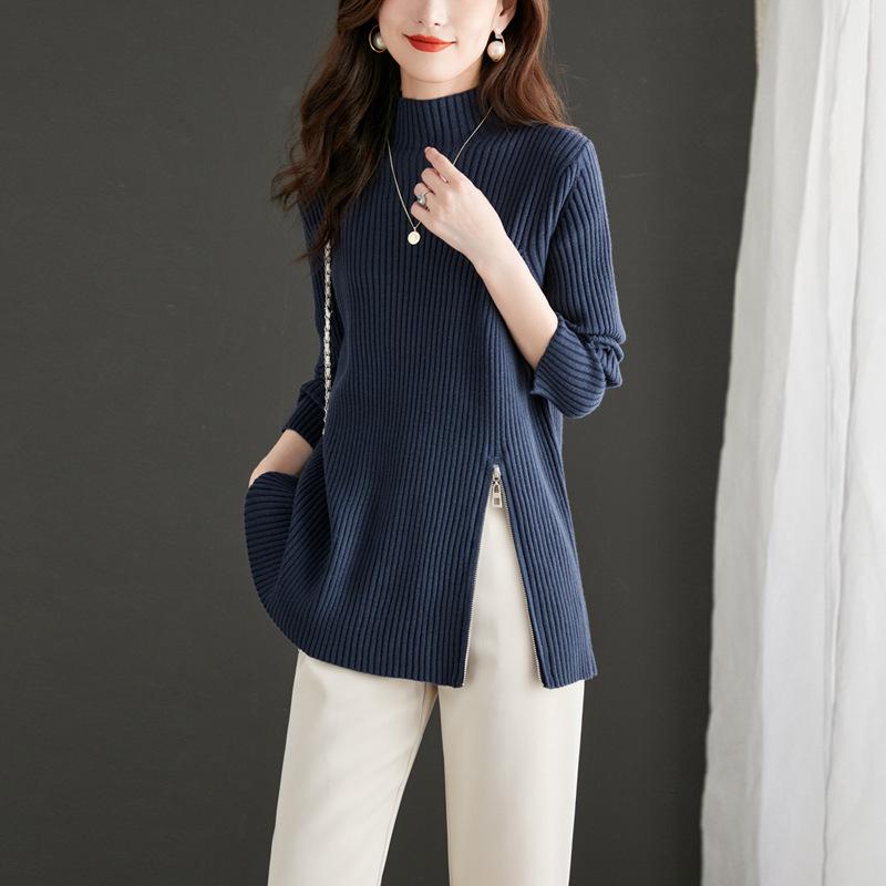 Design zipper semi-turtleneck solid color knitted sweater top women's autumn and winter new pullover sweater with bottoming shirt