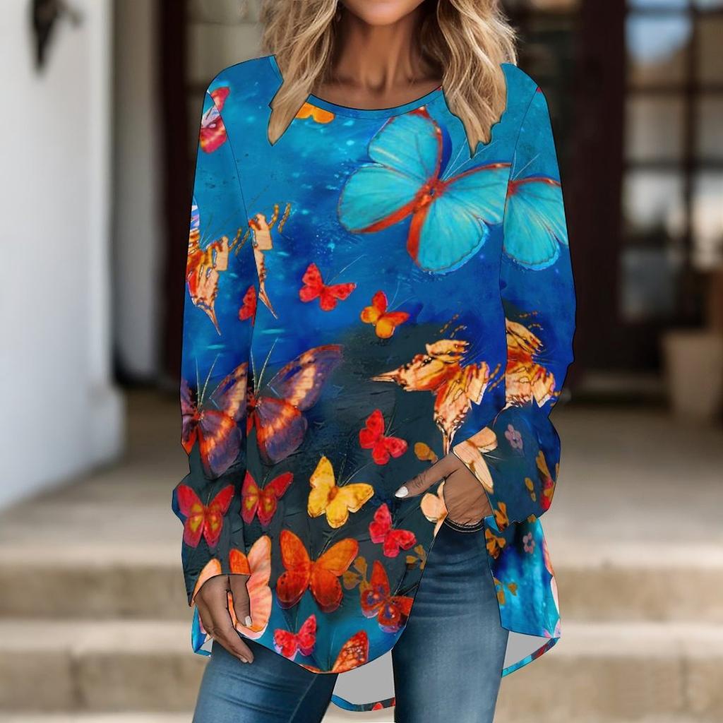Women Long Sleeve Tunic Top Print Crew Neck Loose Fit Blouse With Pockets Casual Daily Wear Ladies Tops