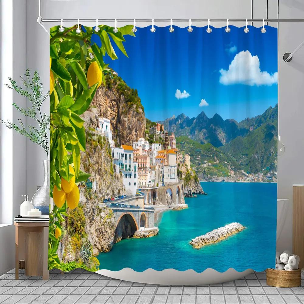 Outdoor Garden Landscape Shower Curtain Lapa Old Town Coastal Landscape Mediterranean Landscape Shower Curtains Bathroom Decor