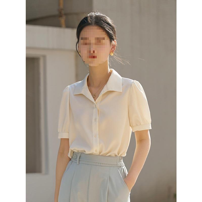 Petite High-Grade Satin Chiffon Short-Sleeve White Shirt for Women - Early Autumn Commuting Interview Top