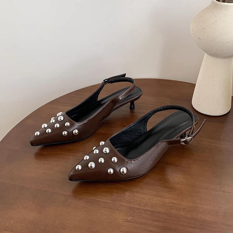 Nové letní dámské sandály Kovové nýty Vysoké podpatky Obuv Elegantní Slingback Špičaté Nazouvací Párty Dámské Lodičky Boty