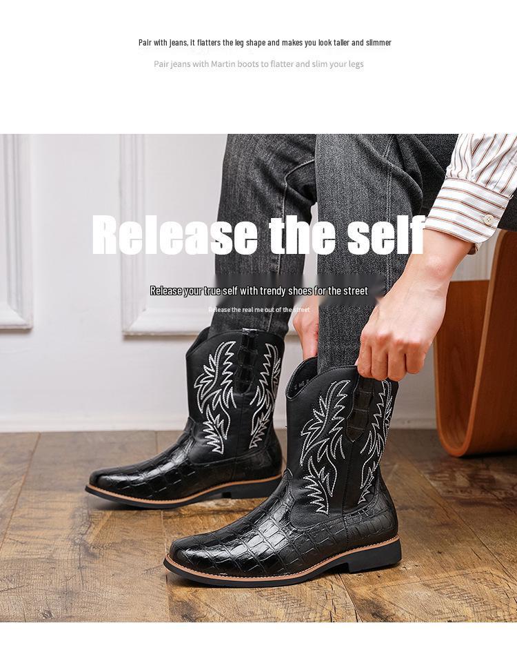Men's Western Cowboy Boots: Retro Crocodile Pattern Embroidered Leather Knight Boots, Large Size, High Cut
